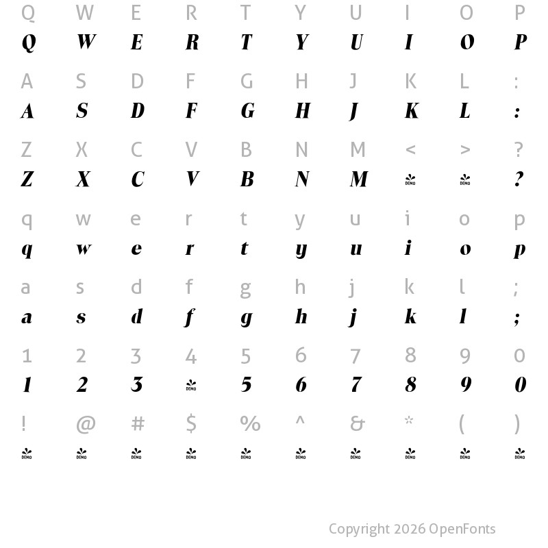 Character Map of FONTSPRING DEMO - Toledo Serial Xbold Italic