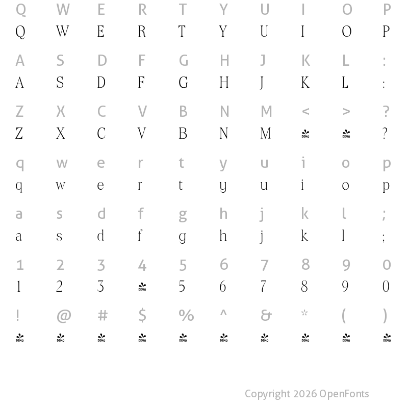 Character Map of FONTSPRING DEMO - Toledo Serial Xlight Regular