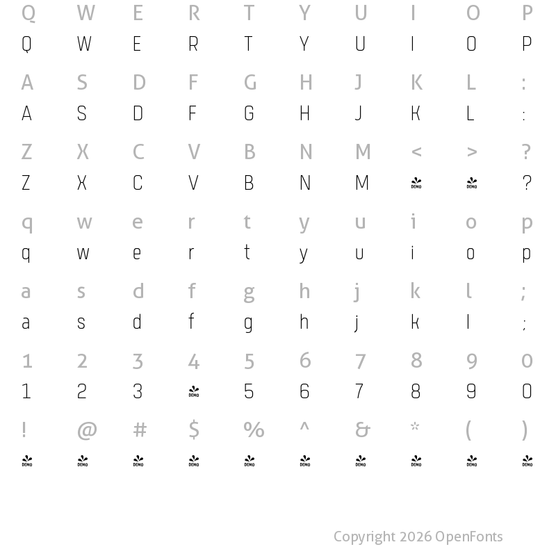 Character Map of FONTSPRING DEMO - Tomkin Condense ExtraLight Regular