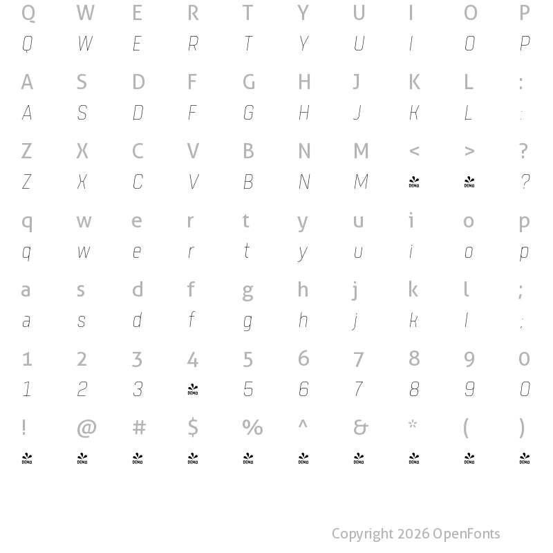Character Map of FONTSPRING DEMO - Tomkin Condense Thin Italic