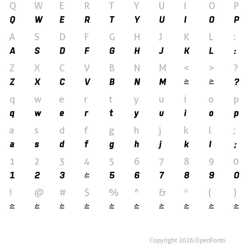 Character Map of FONTSPRING DEMO - Tomkin ExtraBold Italic