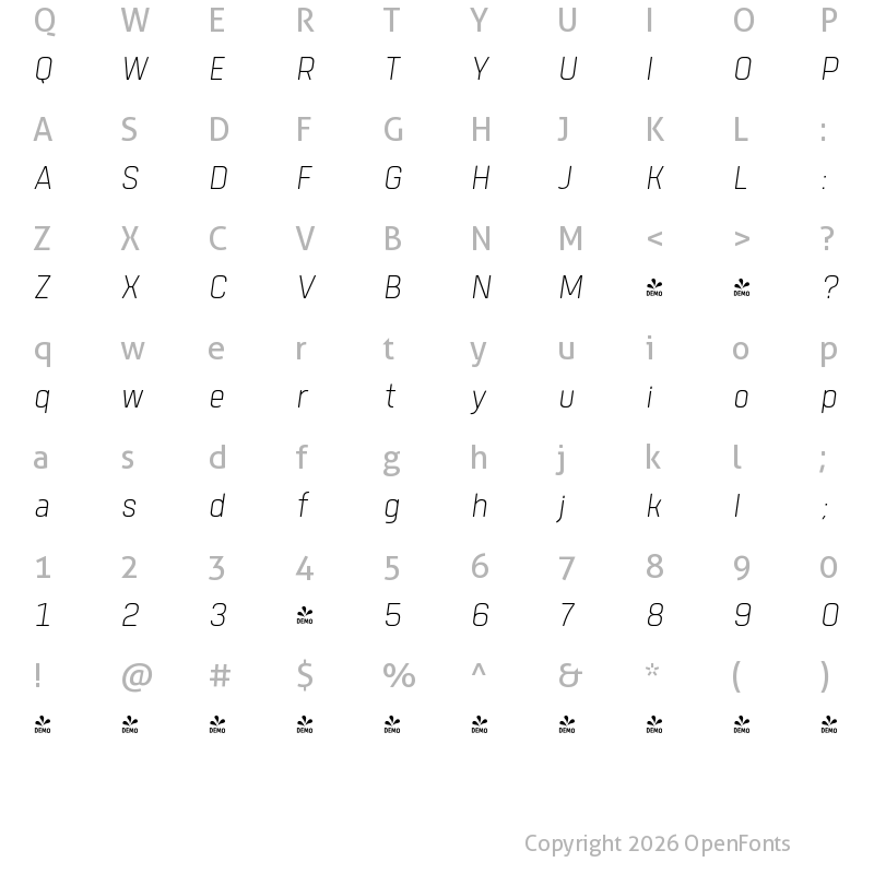 Character Map of FONTSPRING DEMO - Tomkin Narrow ExtraLight Italic