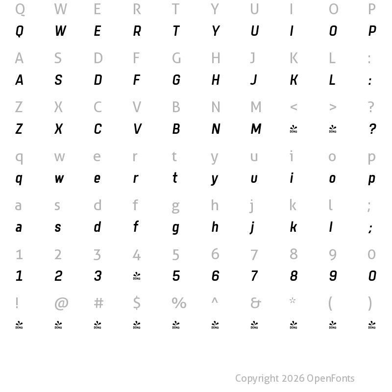 Character Map of FONTSPRING DEMO - Tomkin Narrow Medium Italic