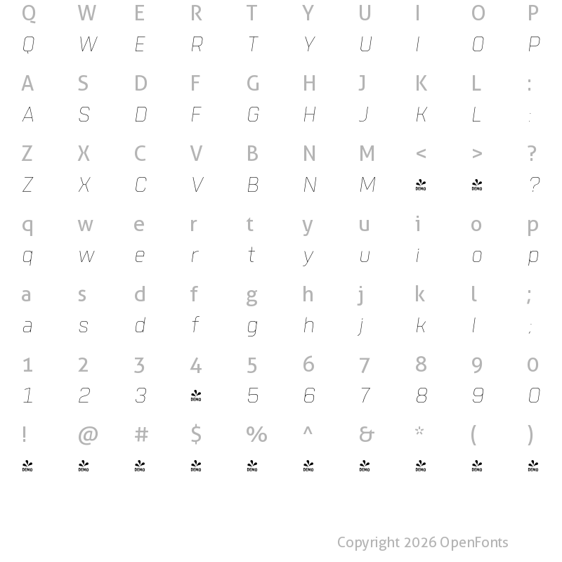 Character Map of FONTSPRING DEMO - Tomkin Thin Italic