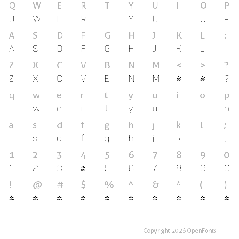 Character Map of FONTSPRING DEMO - Tomkin Thin Regular