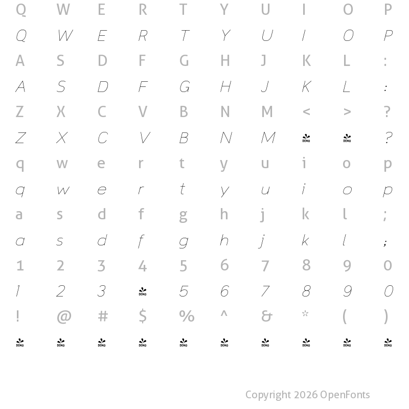 Character Map of FONTSPRING DEMO - Toriga ExtraLight Italic