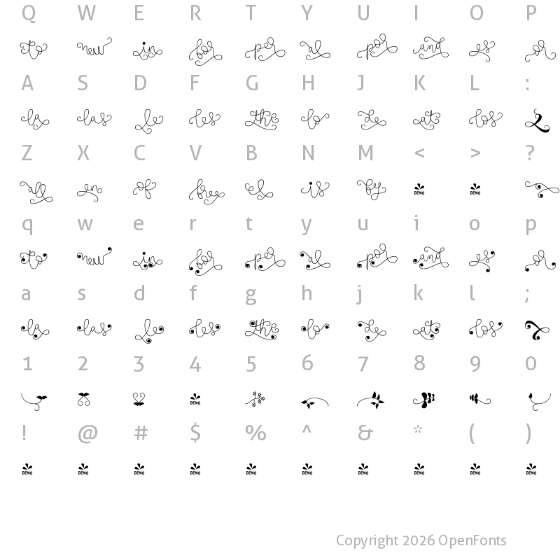Character Map of FONTSPRING DEMO - TouchMe Extras Regular