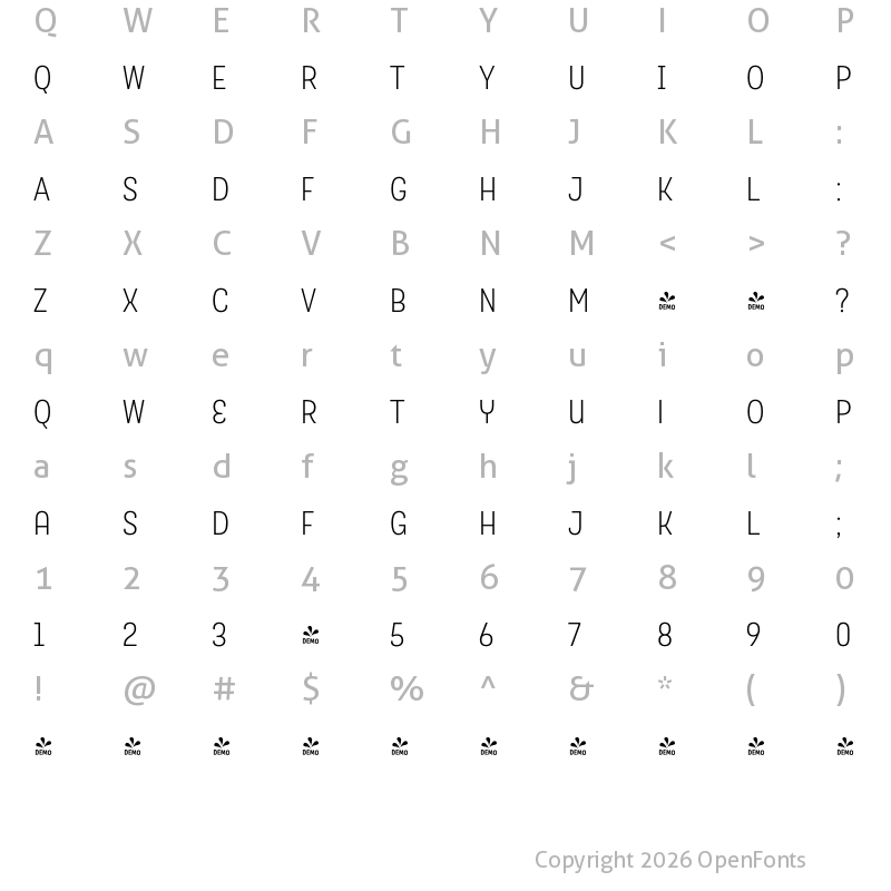 Character Map of FONTSPRING DEMO - TouchMe Sans Light Regular