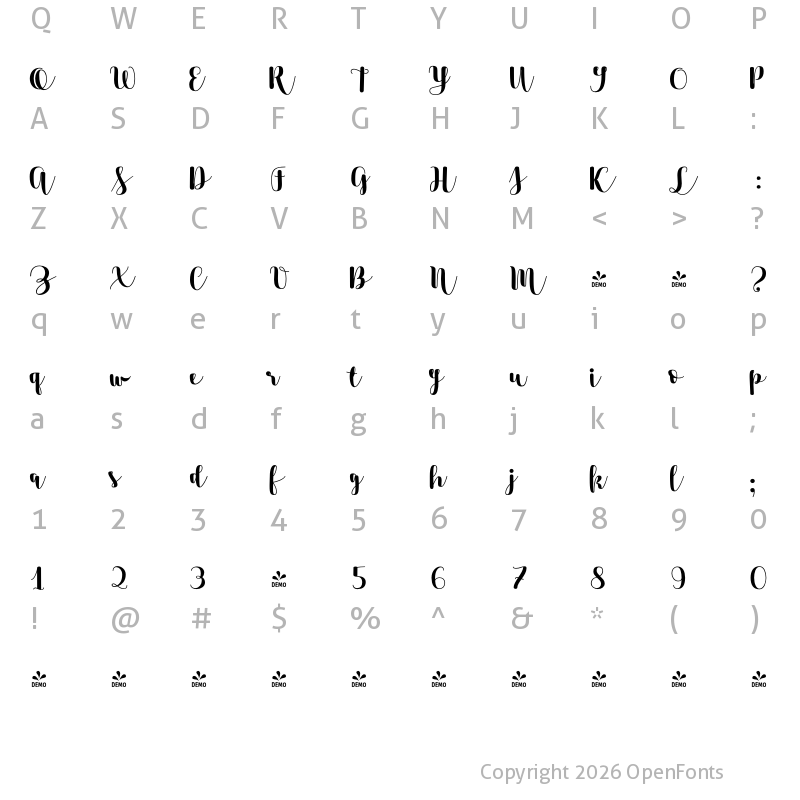 Character Map of FONTSPRING DEMO - TouchMe Script Basic Regular