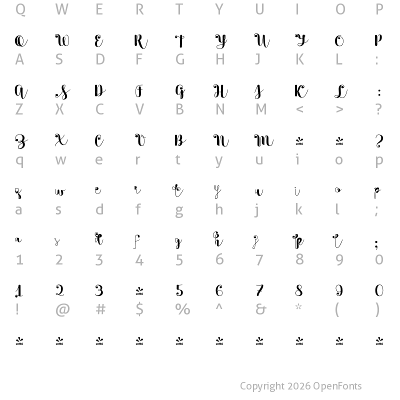 Character Map of FONTSPRING DEMO - TouchMe Script Drop Basic Alt Regular