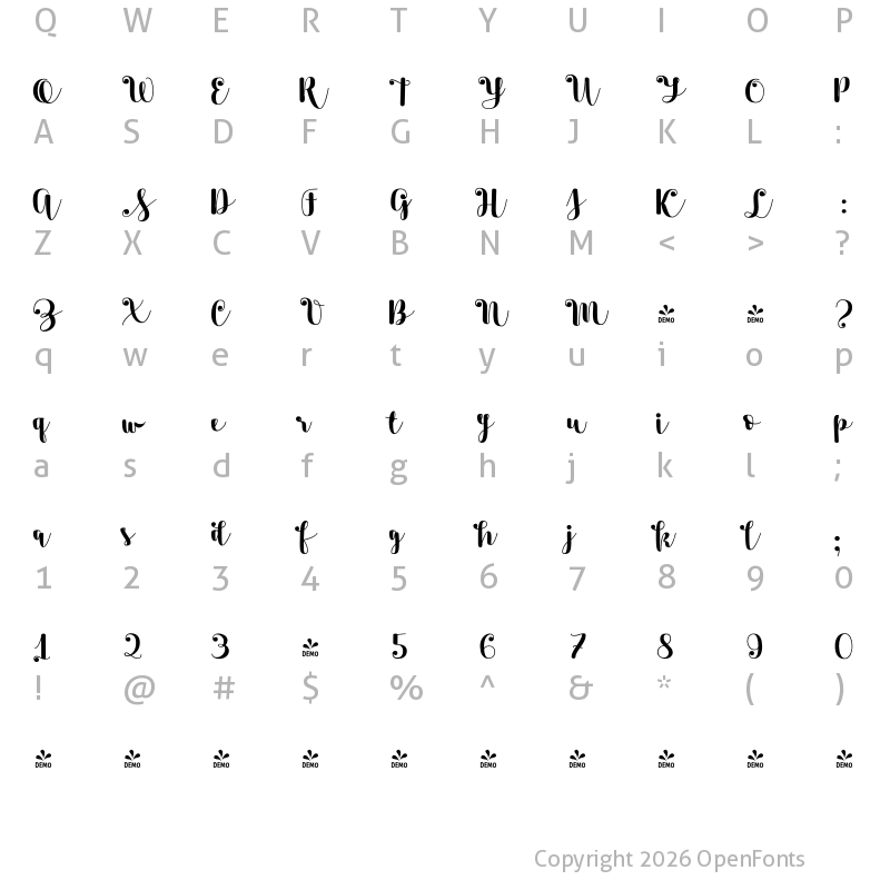Character Map of FONTSPRING DEMO - TouchMe Script Drop Regular