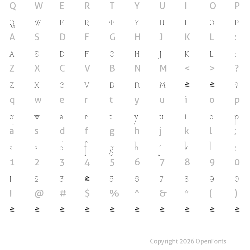 Character Map of FONTSPRING DEMO - Tourette Normal Regular