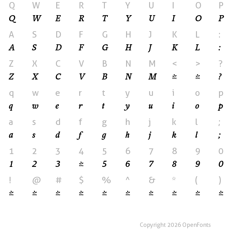 Character Map of FONTSPRING DEMO - Tow Bold Italic