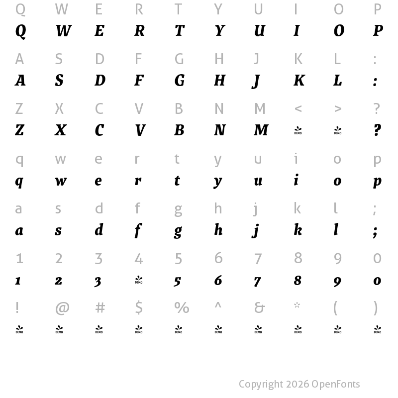 Character Map of FONTSPRING DEMO - Traction Black Italic