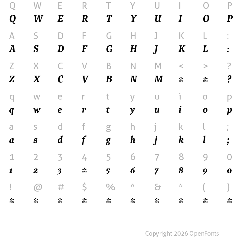 Character Map of FONTSPRING DEMO - Traction Bold Italic