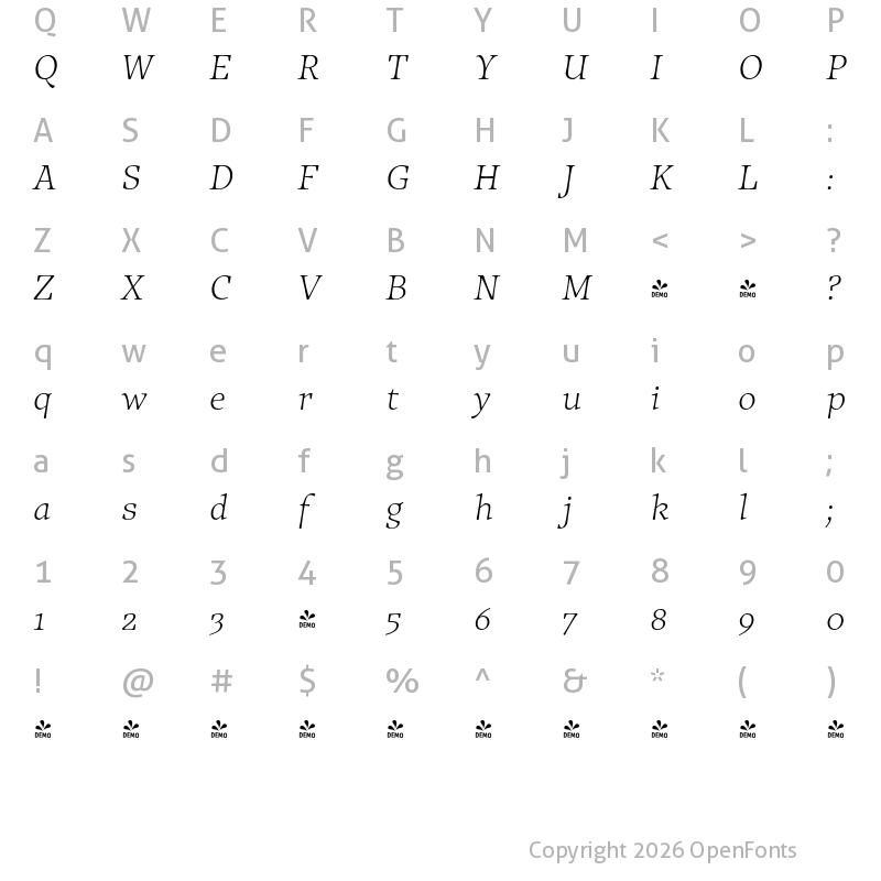 Character Map of FONTSPRING DEMO - Traction Ultralight Italic