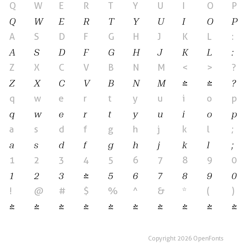 Character Map of FONTSPRING DEMO - Trada Serif Book Italic