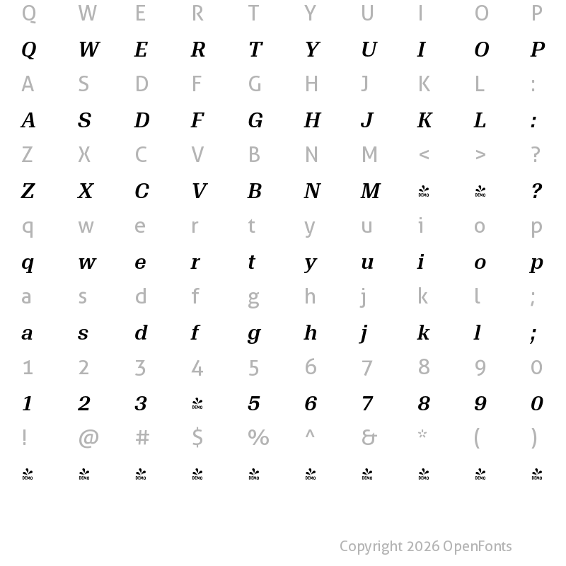 Character Map of FONTSPRING DEMO - Trada Serif DemiBold Italic