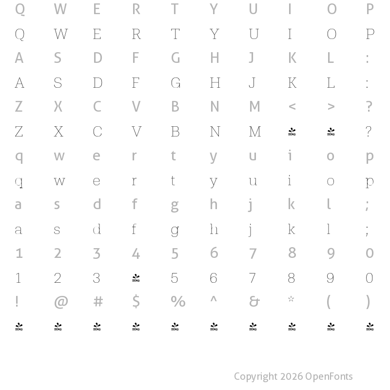 Character Map of FONTSPRING DEMO - Trada Serif Thin Regular
