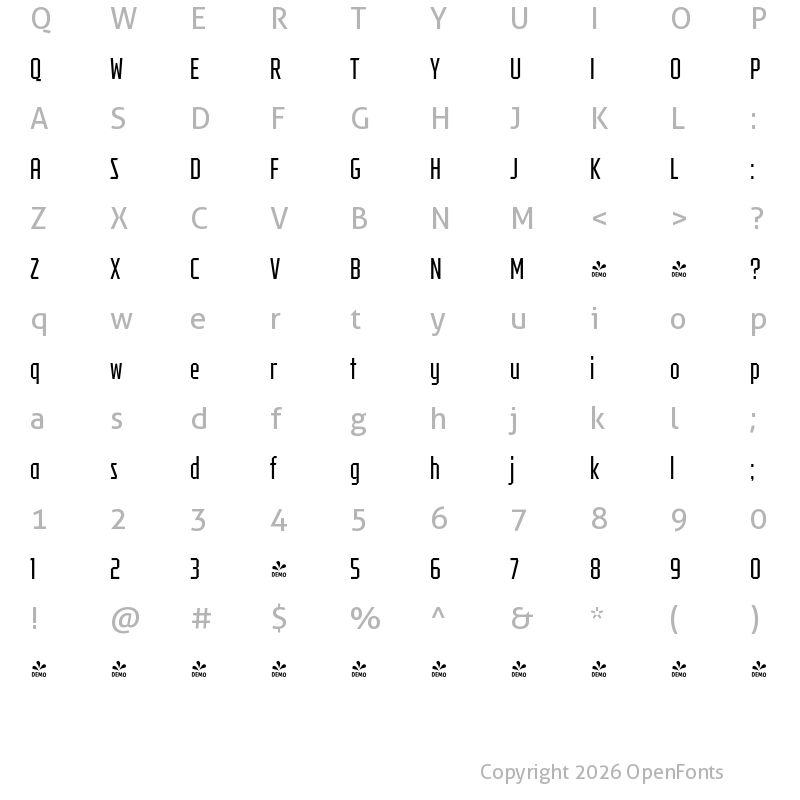 Character Map of FONTSPRING DEMO - Tradesman ExCond Book Regular