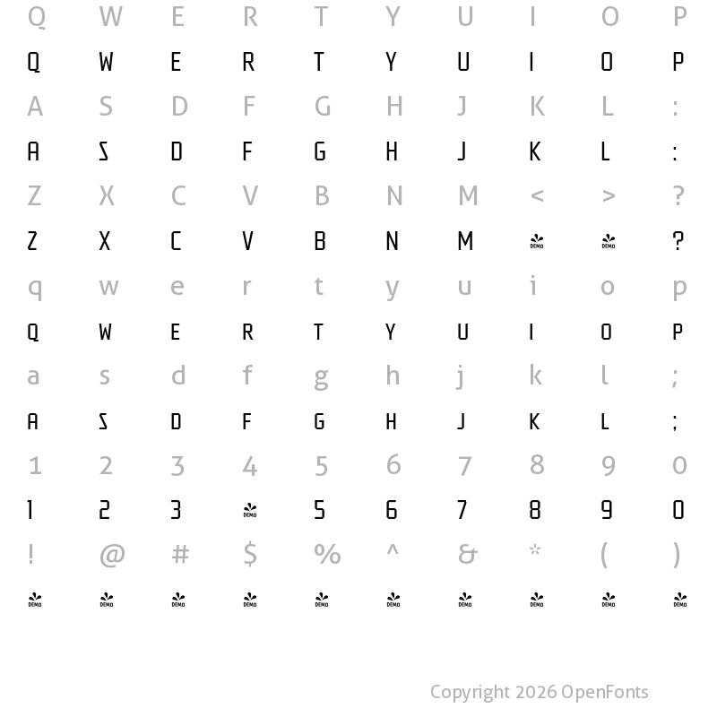 Character Map of FONTSPRING DEMO - Tradesman SC Cond Book Regular