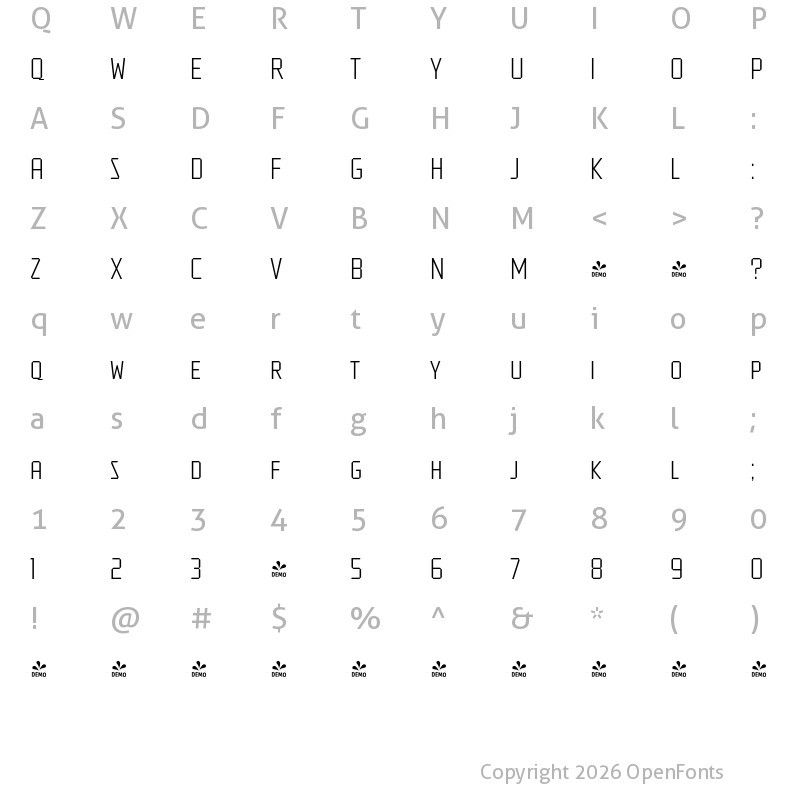 Character Map of FONTSPRING DEMO - Tradesman SC Cond Light Regular