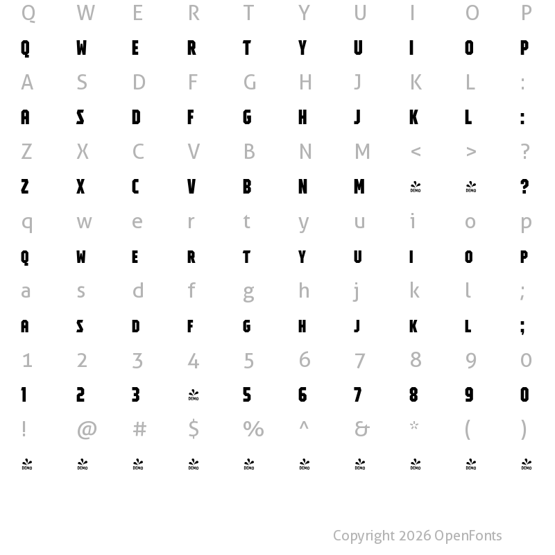 Character Map of FONTSPRING DEMO - Tradesman SC ExCond Black Regular