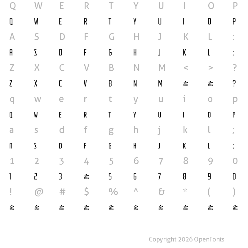 Character Map of FONTSPRING DEMO - Tradesman SC ExCond Book Regular