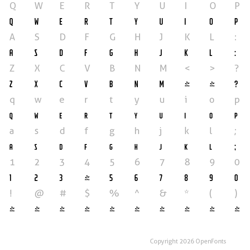 Character Map of FONTSPRING DEMO - Tradesman SC ExCond Regular