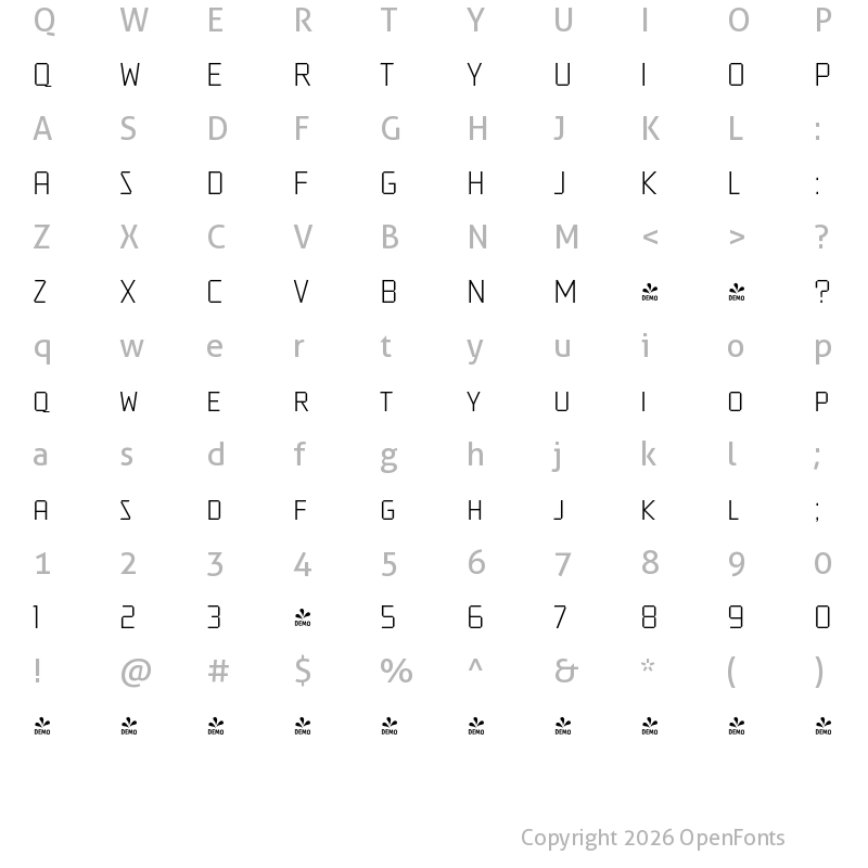Character Map of FONTSPRING DEMO - Tradesman SC Light Regular