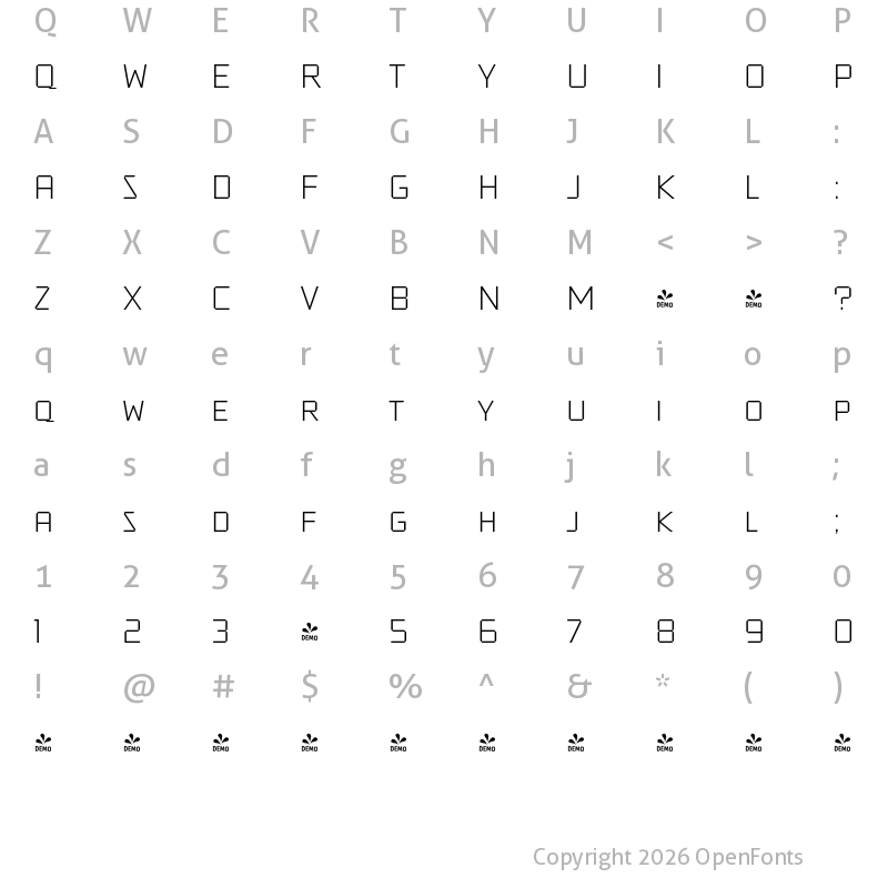 Character Map of FONTSPRING DEMO - Tradesman SC Wide Light Regular