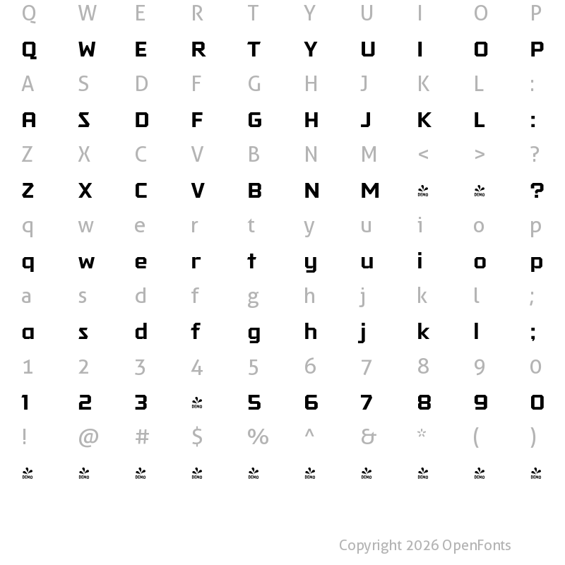 Character Map of FONTSPRING DEMO - Tradesman Wide Bold Regular