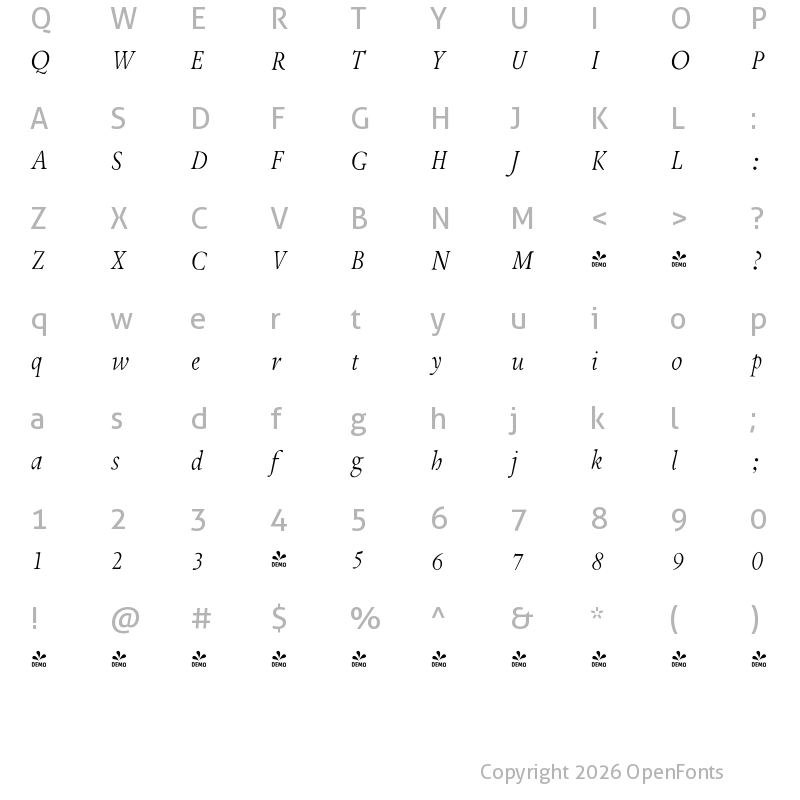 Character Map of FONTSPRING DEMO - Tranquility JY Pro Italic