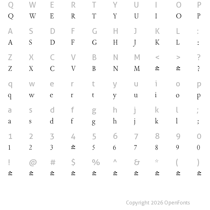 Character Map of FONTSPRING DEMO - Tranquility JY Pro Regular