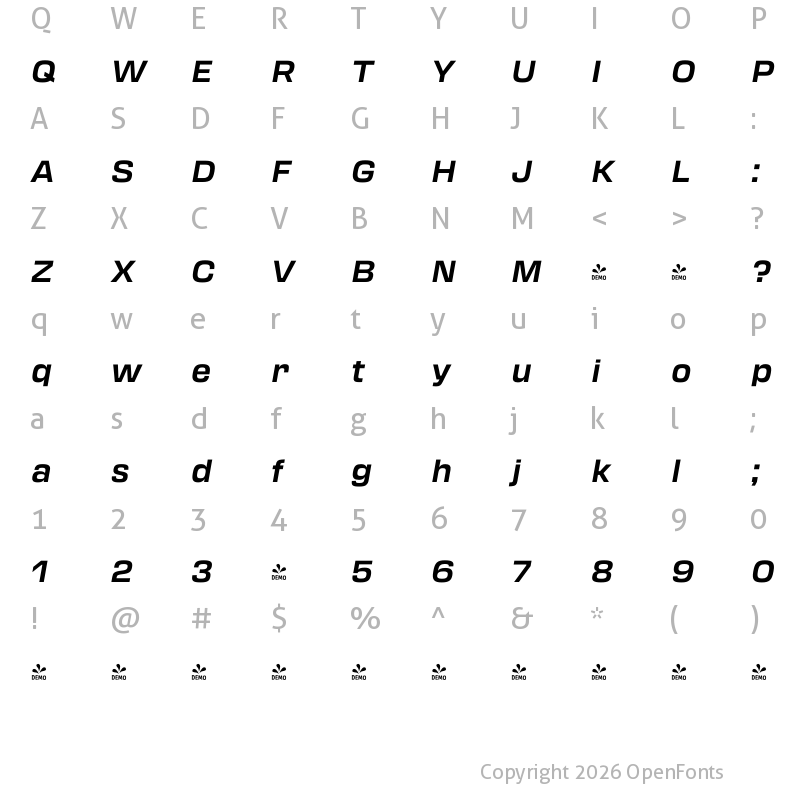 Character Map of FONTSPRING DEMO - Transducer Bold Italic