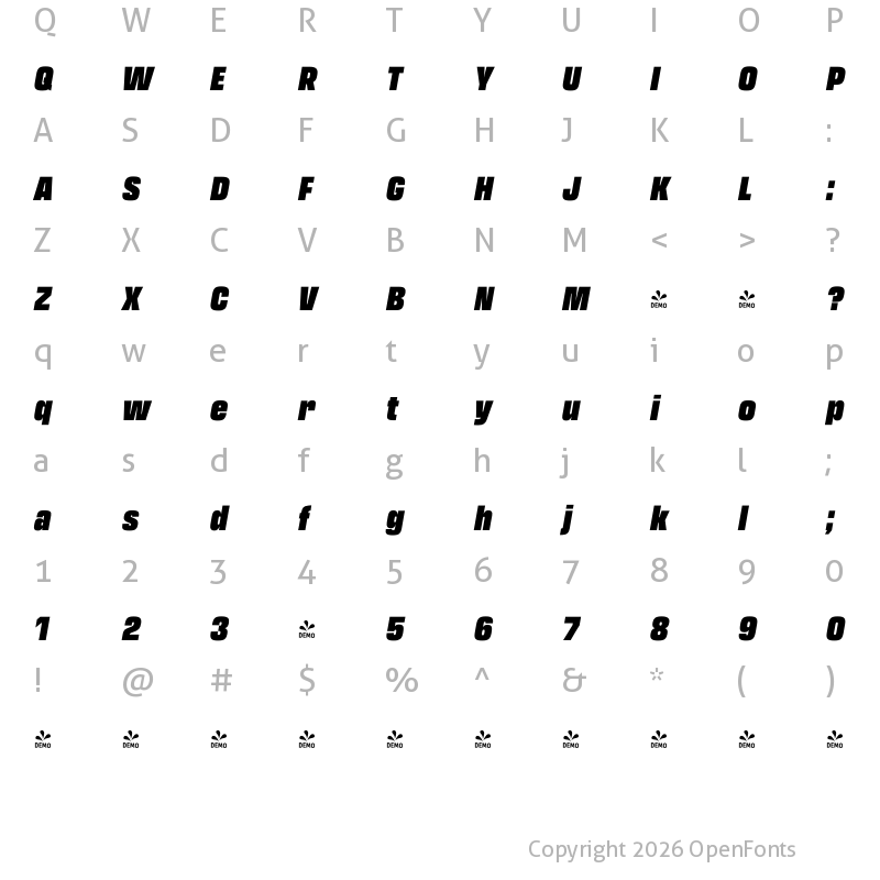 Character Map of FONTSPRING DEMO - Transducer Condensed Black Italic Regular