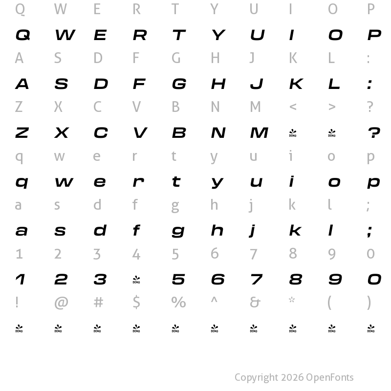 Character Map of FONTSPRING DEMO - Transducer Extended Bold Italic Regular