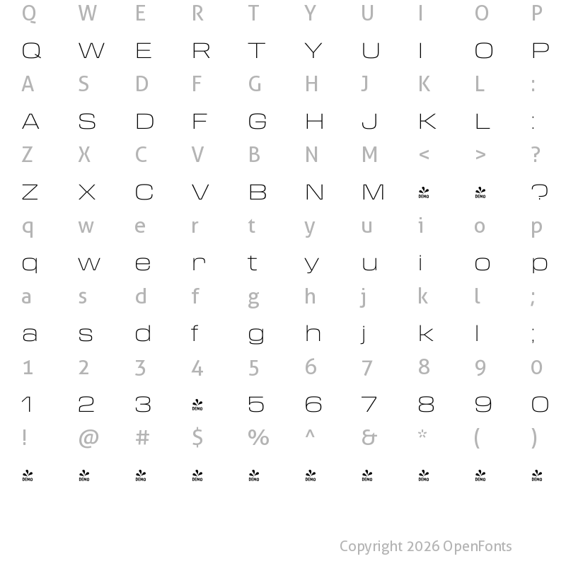 Character Map of FONTSPRING DEMO - Transducer Extended Hairline Regular