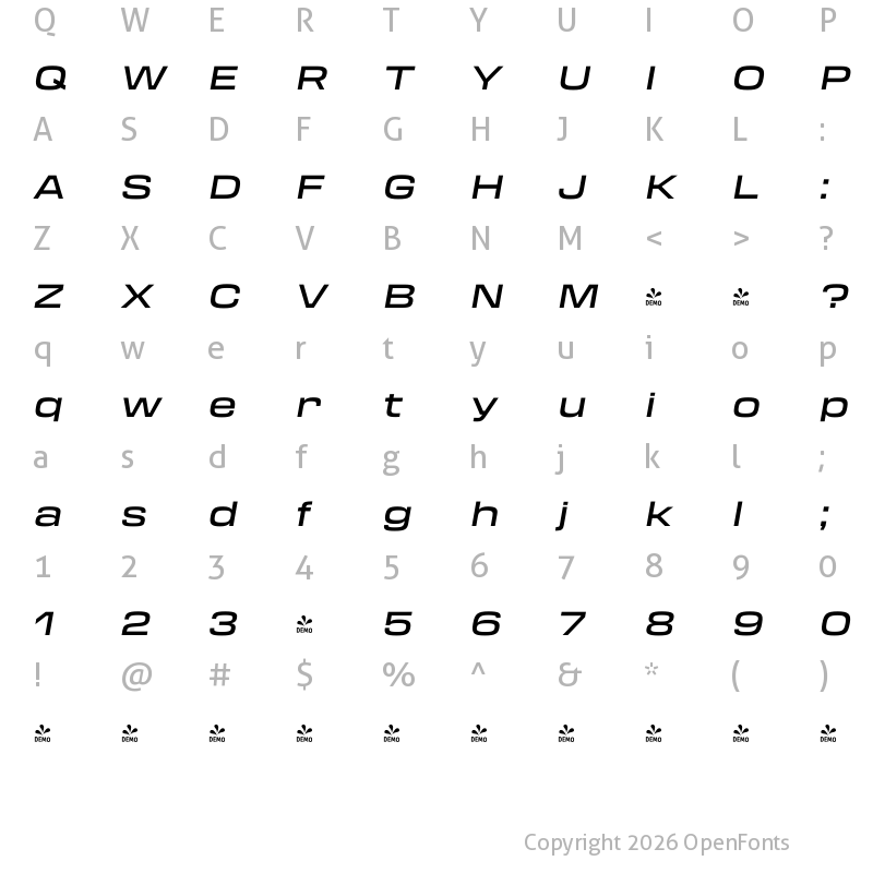 Character Map of FONTSPRING DEMO - Transducer Extended Medium Italic Regular