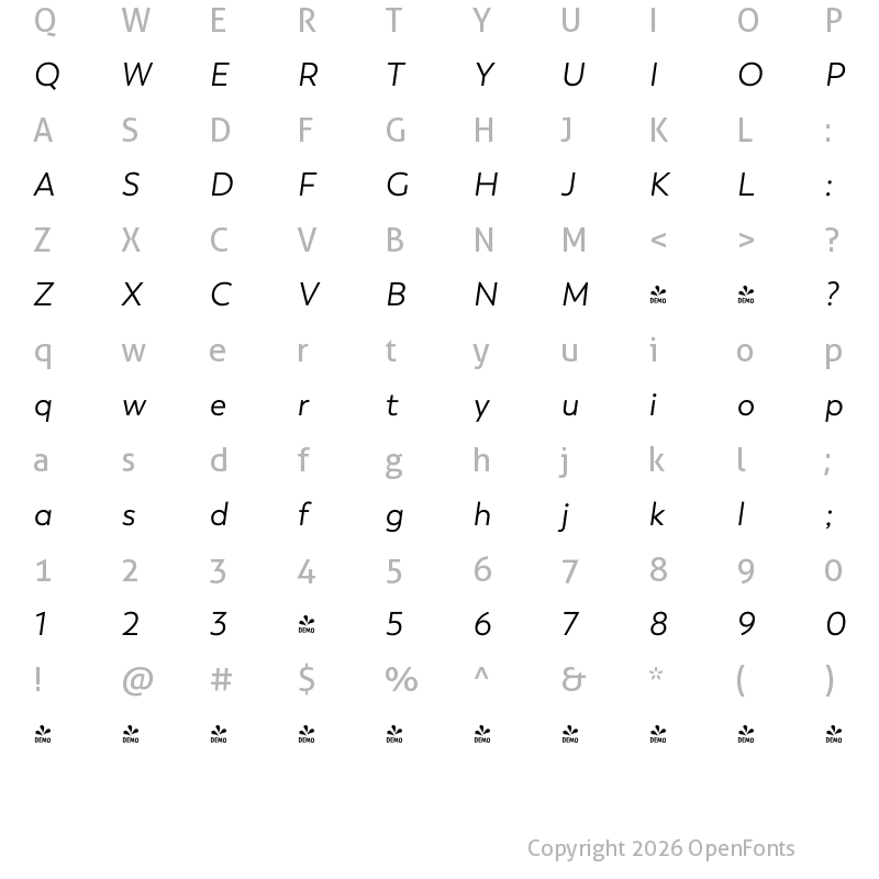 Character Map of FONTSPRING DEMO - Trenda It Regular