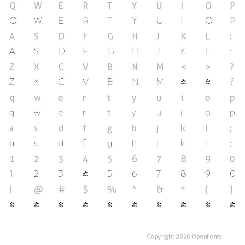 Character Map of FONTSPRING DEMO - Trenda Thin Regular