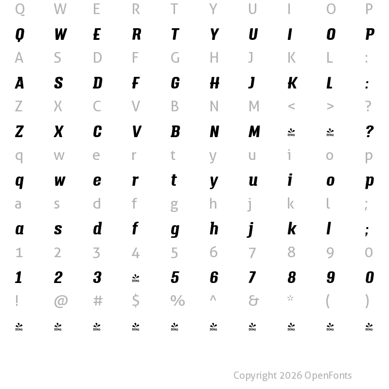 Character Map of FONTSPRING DEMO - Triump Bold Italic Regular