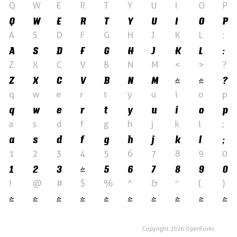 Character Map of FONTSPRING DEMO - Triump ExtraBold Italic Regular