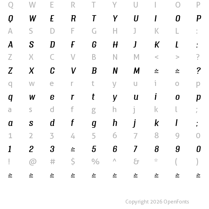 Character Map of FONTSPRING DEMO - Triump Italic Regular