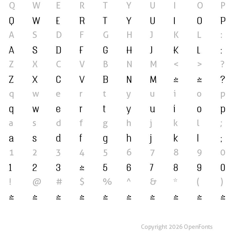 Character Map of FONTSPRING DEMO - Triump Thin Regular
