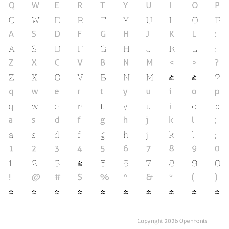 Character Map of FONTSPRING DEMO - Triunfo Thin Thin