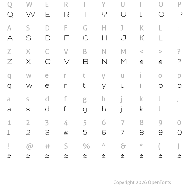 Character Map of FONTSPRING DEMO - Troia Light Regular