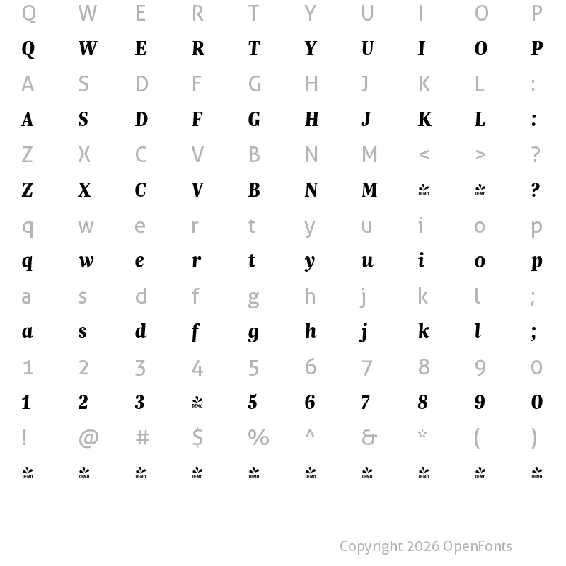 Character Map of FONTSPRING DEMO - Trola Heavy Italic Regular