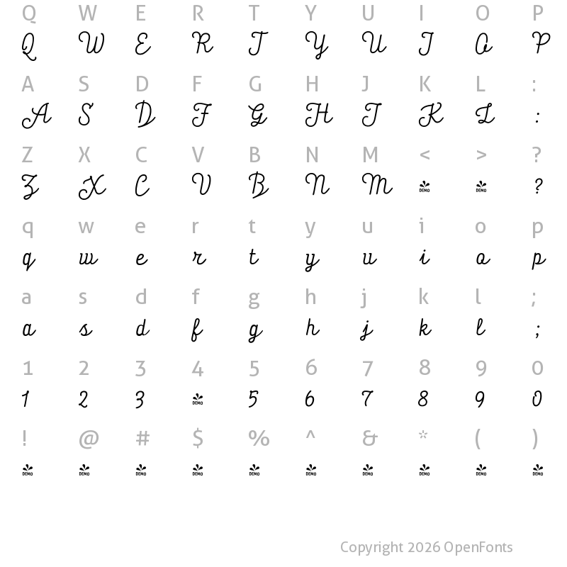 Character Map of FONTSPRING DEMO - Tropen ScriptItalic Regular