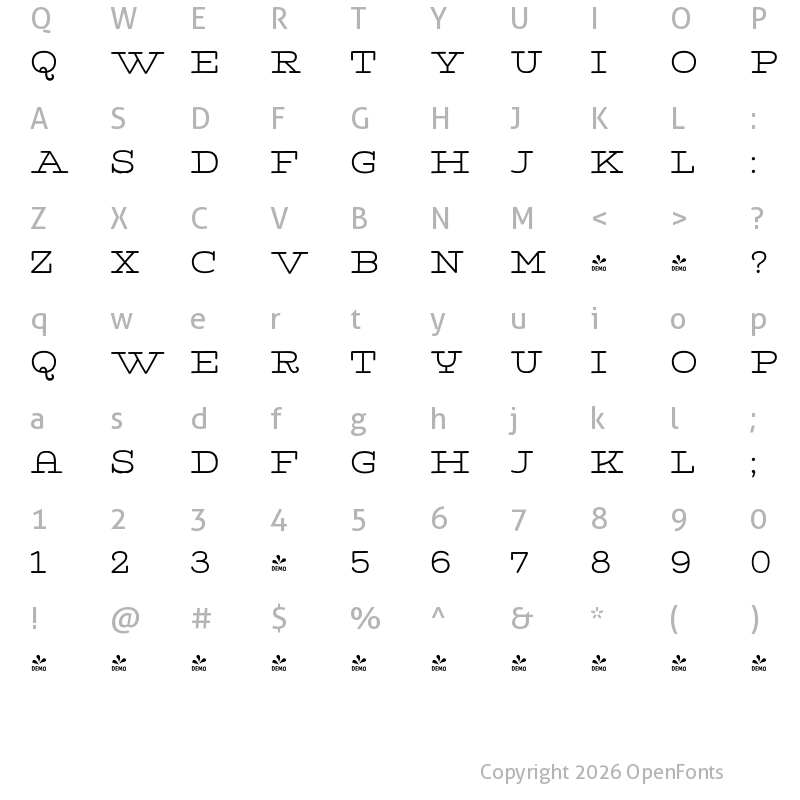 Character Map of FONTSPRING DEMO - Tropen Wide Regular